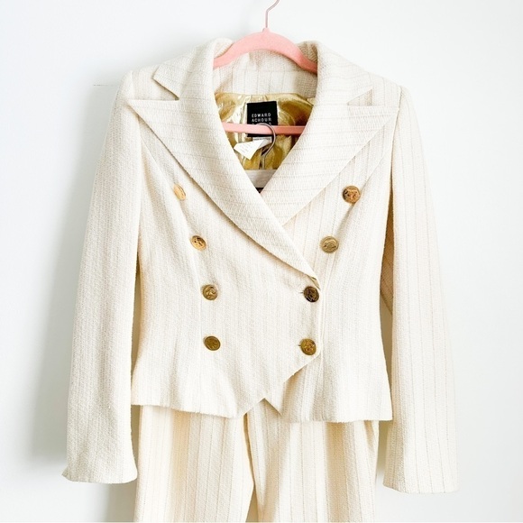 Edward Achour Paris Ivory Metallic Gold Stripe Tweed Double Breasted Suit Set - Picture 2 of 14